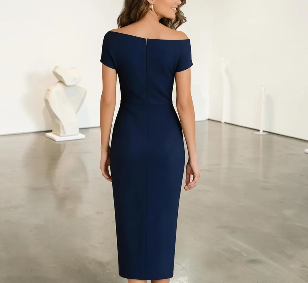 Off Shoulder Twisted Waist Slim Fit Elegant Midi Dress