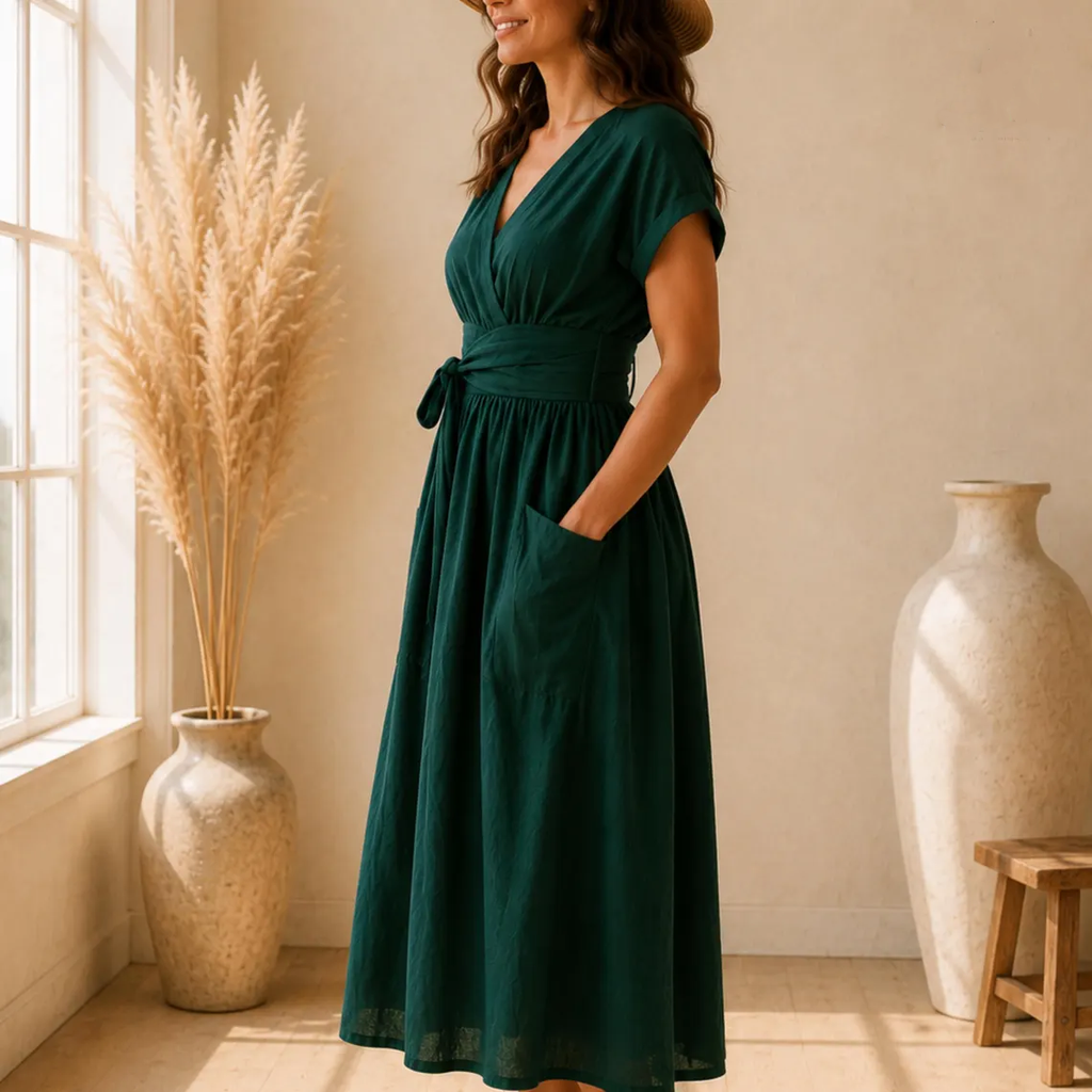 V Neck Short Sleeve Belted Cotton Linen Wrap Midi Dress