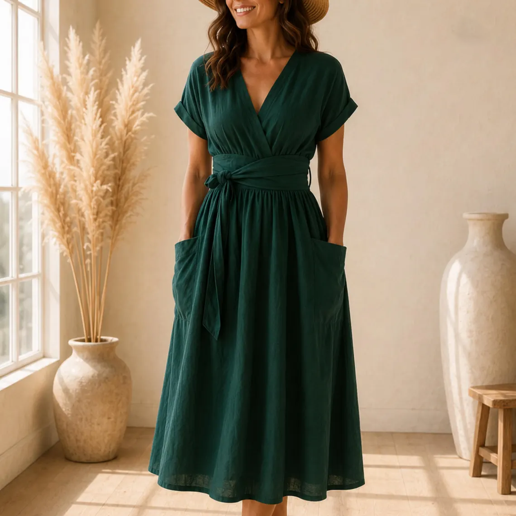 V Neck Short Sleeve Belted Cotton Linen Wrap Midi Dress