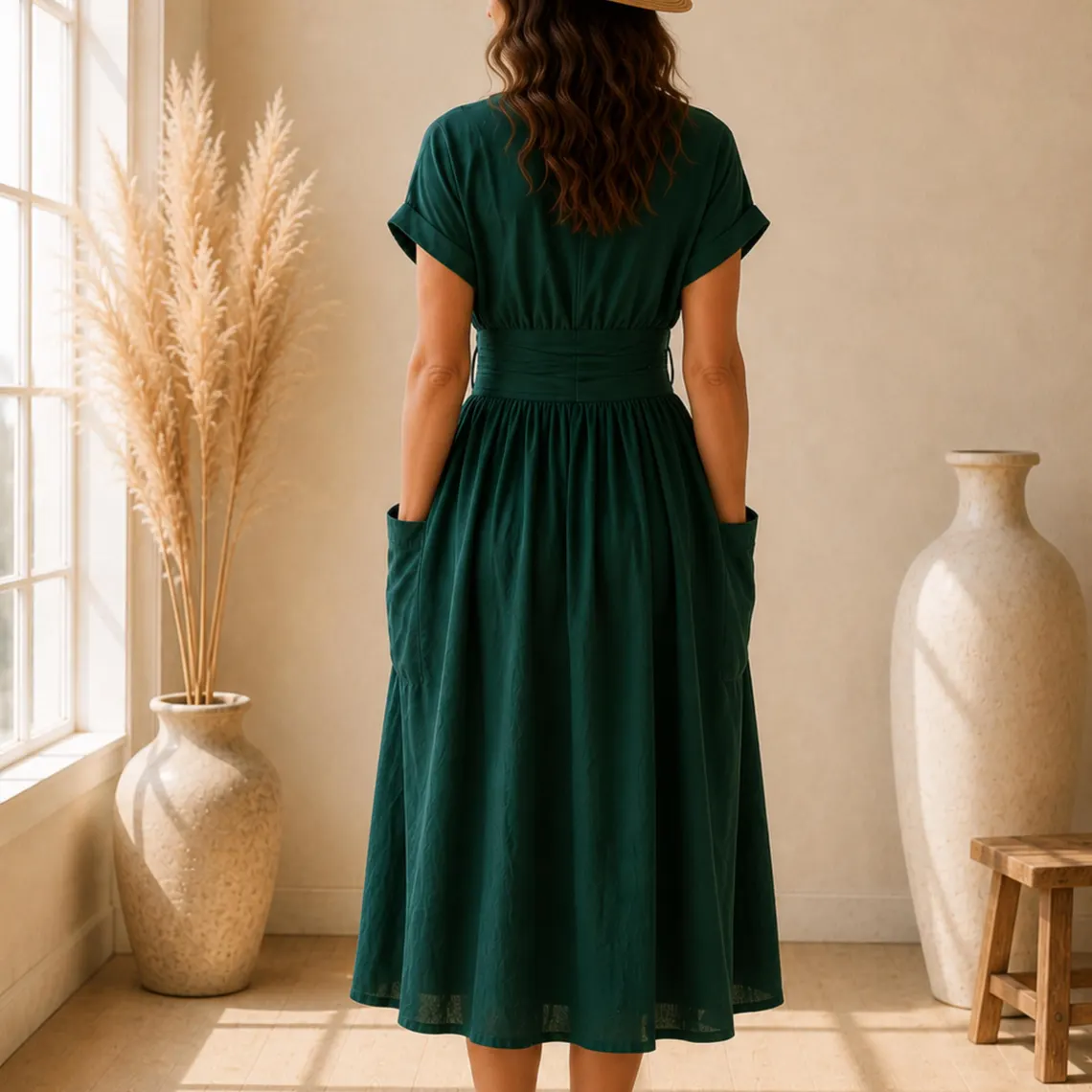 V Neck Short Sleeve Belted Cotton Linen Wrap Midi Dress