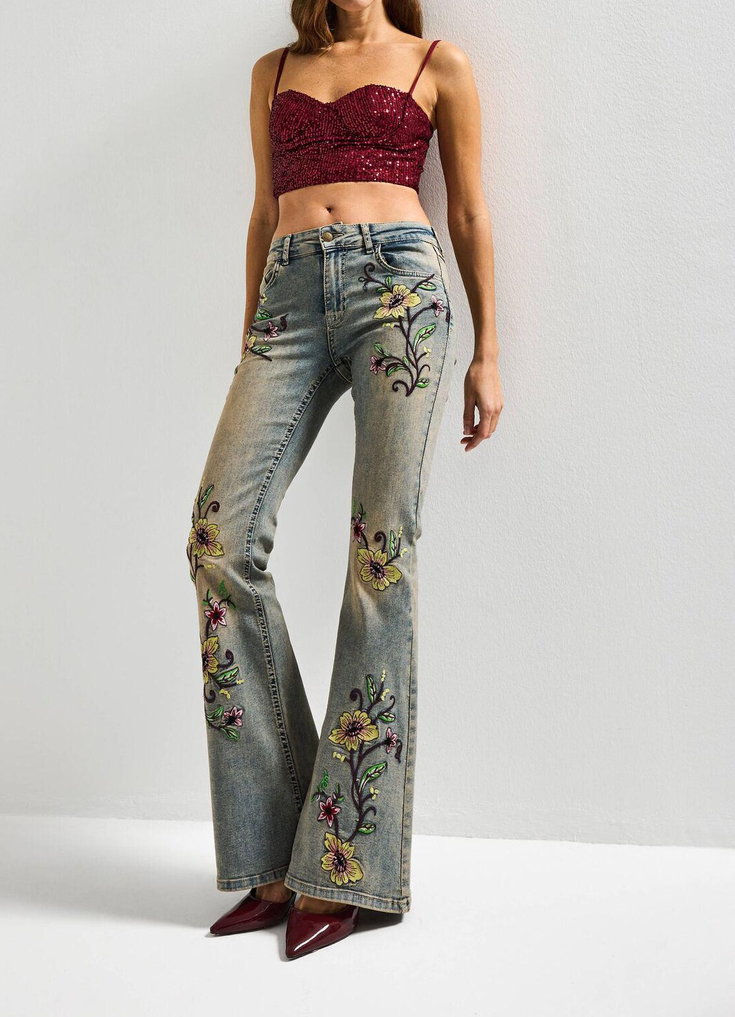 High Waist Floral Embroidered Vintage Washed Flare Denim Jeans