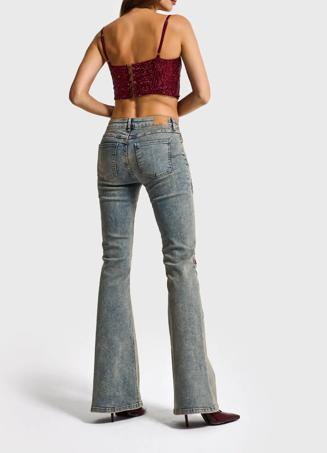 High Waist Floral Embroidered Vintage Washed Flare Denim Jeans