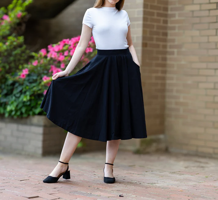High Waist Elastic Waistband 100% Cotton Twirl Midi Skirt