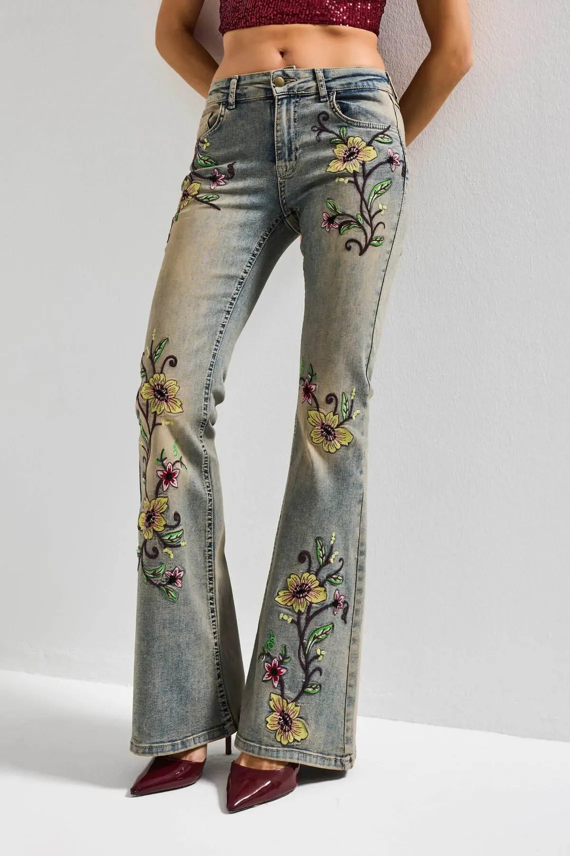 High Waist Floral Embroidered Vintage Washed Flare Denim Jeans