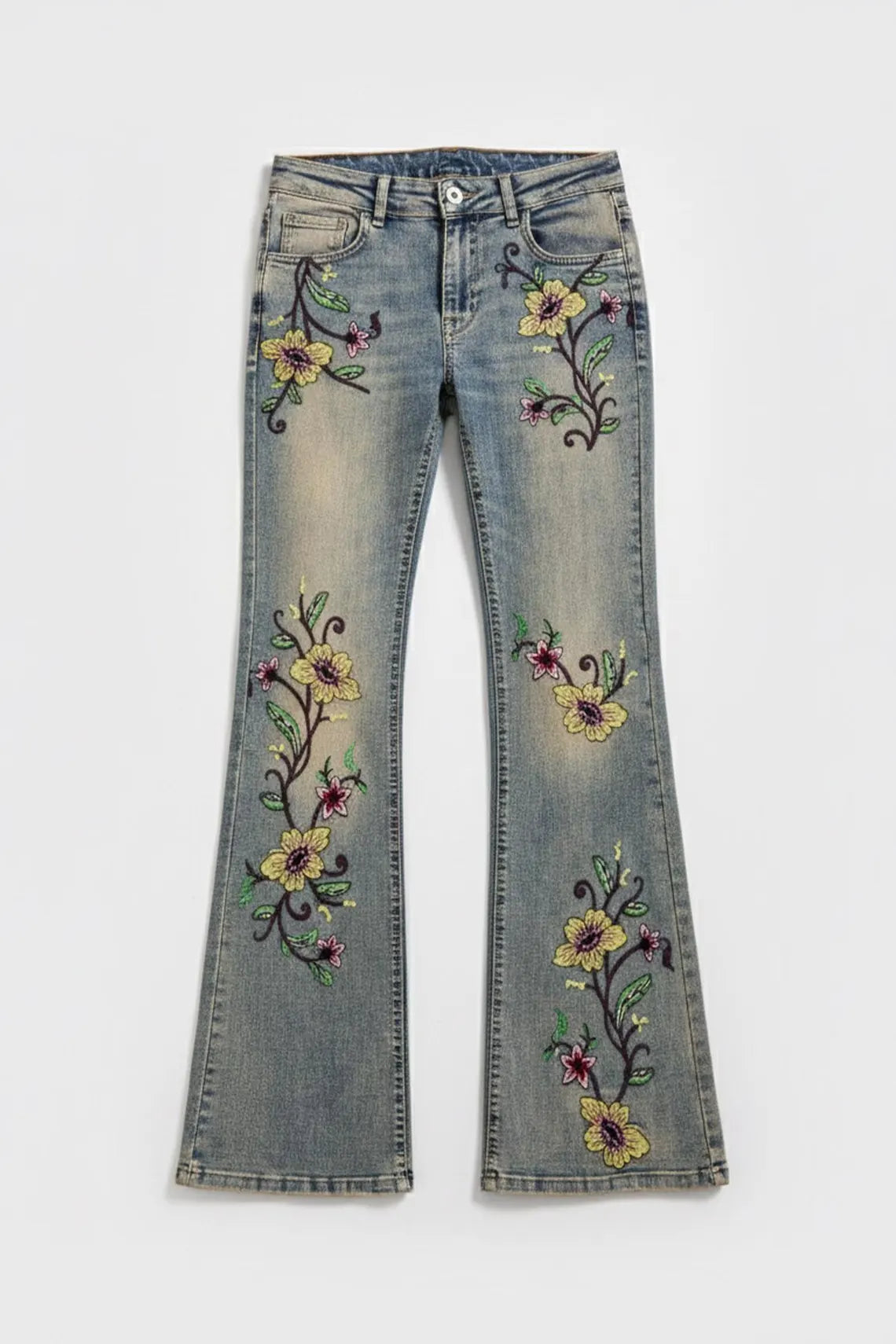 High Waist Floral Embroidered Vintage Washed Flare Denim Jeans
