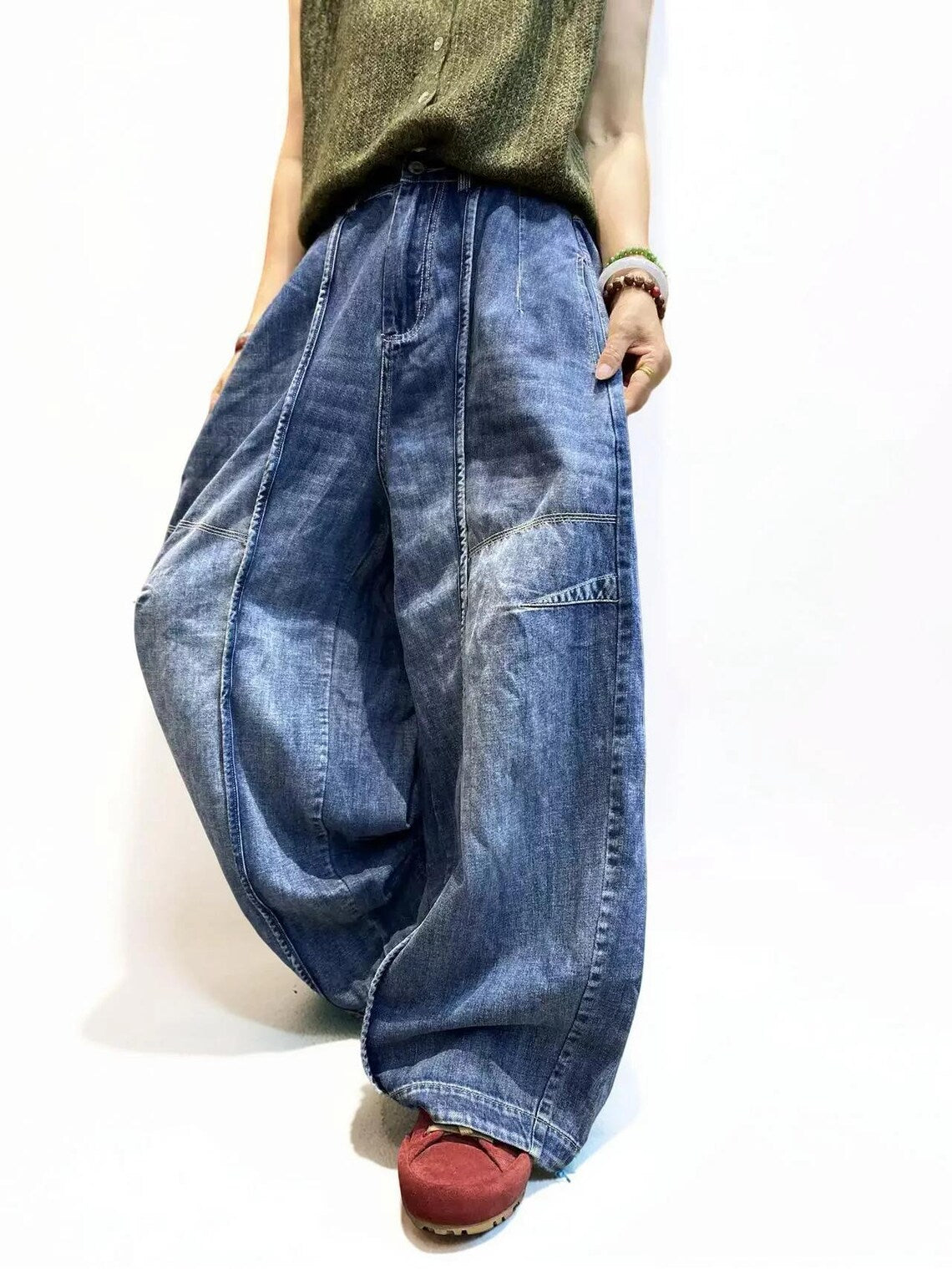 Vintage Washed Seam Detail Oversized Baggy Wide Leg Jeans