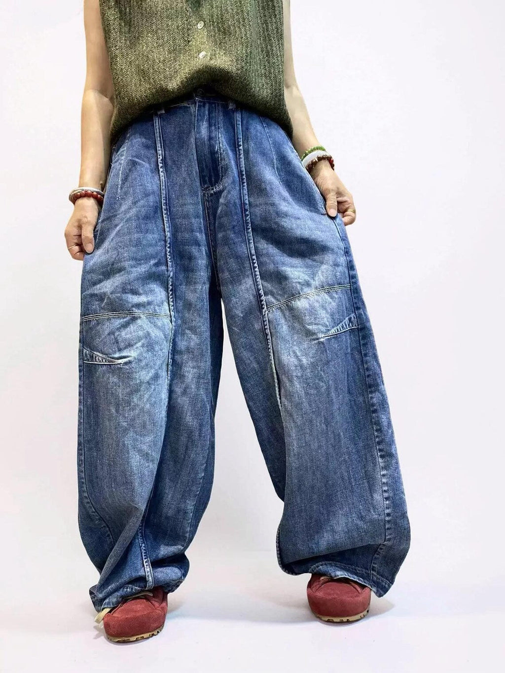 Vintage Washed Seam Detail Oversized Baggy Wide Leg Jeans