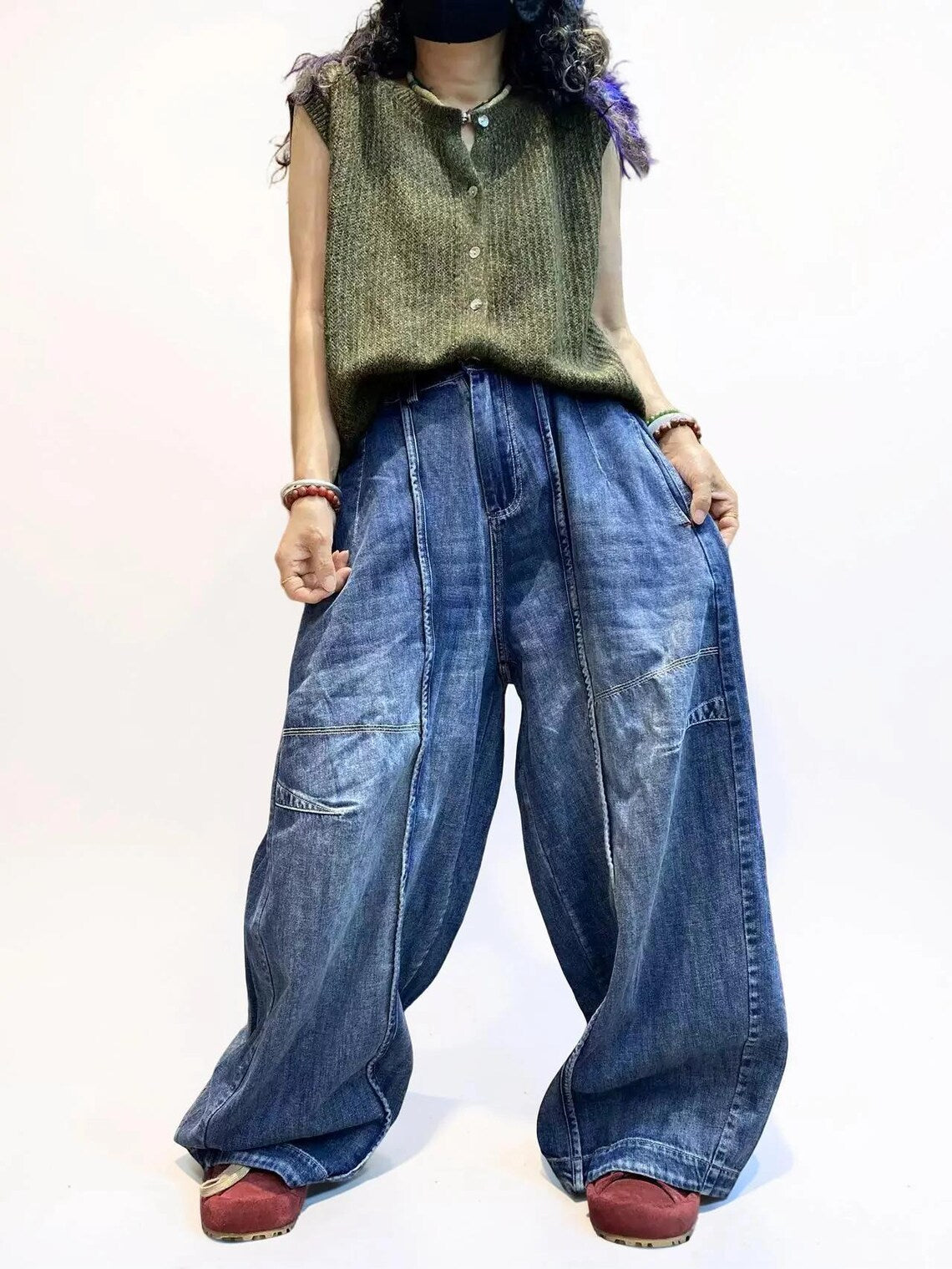 Vintage Washed Seam Detail Oversized Baggy Wide Leg Jeans
