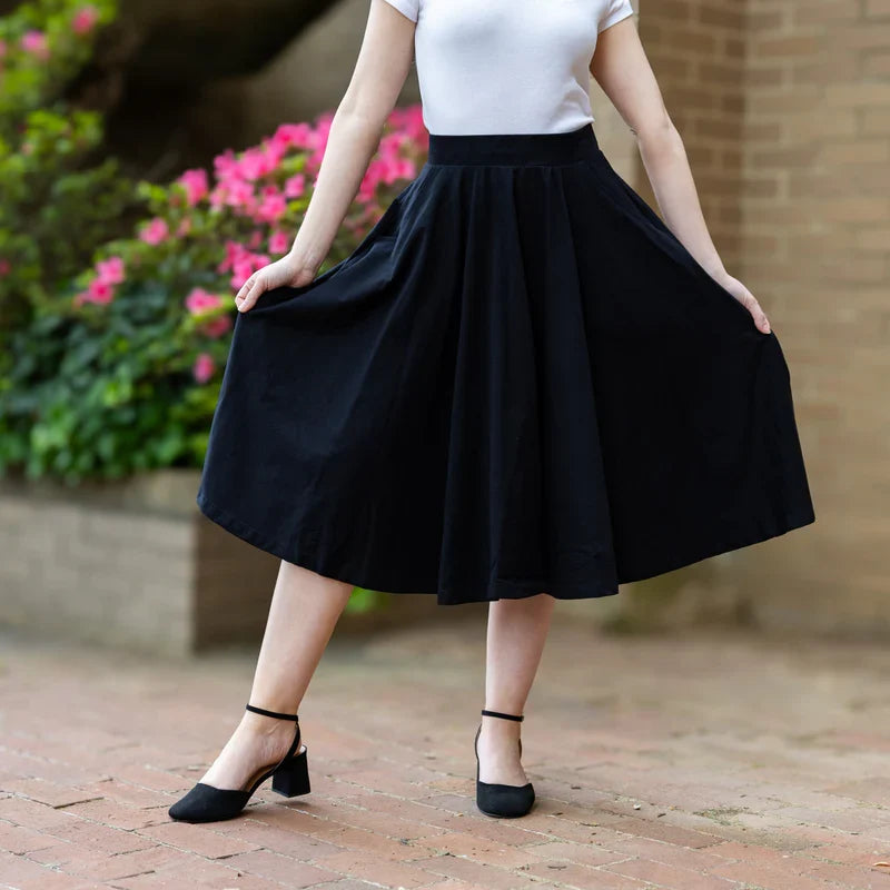 High Waist Elastic Waistband 100% Cotton Twirl Midi Skirt